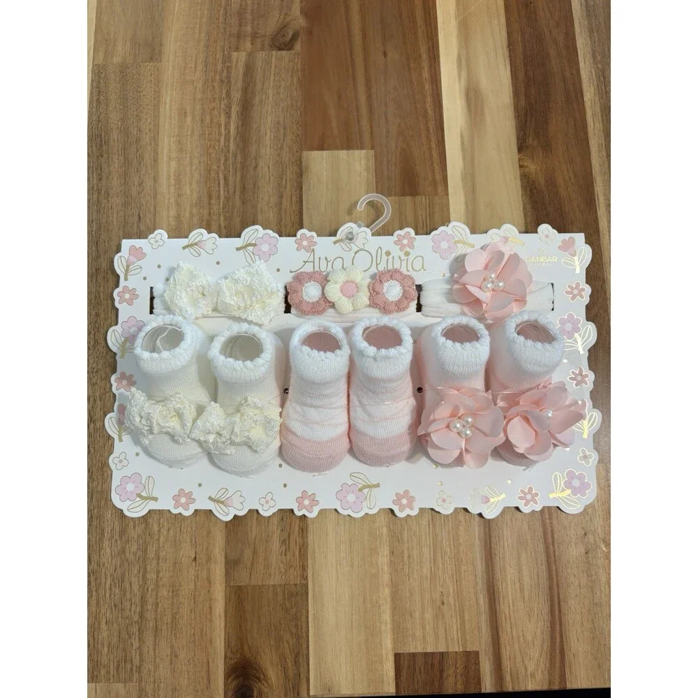 Ava Olivia Newborn Baby Girl Socks & Headbands 6 Pair Set Pink White Flower Bow